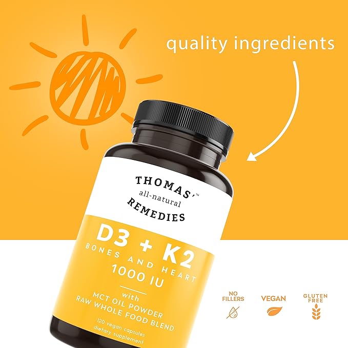 Thomas' all-natural Remedies D3 + K2 with MCT Oil for Better Absorption & Raw Whole Food Blend, 1000 IU D3, Vegan, Made in USA, Support for Your Heart, Bones & Teeth, Non-GMO (120ct)