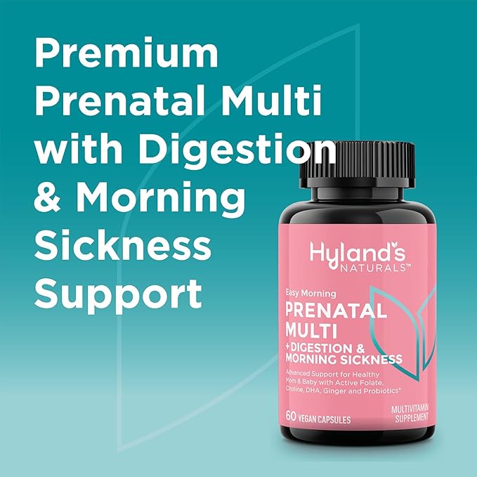 Hyland's Easy Morning Prenatal Multivitamin and Digestive Health and Morning Sickness Relief, 60 Vegan Capsules, with Folate, Choline, Zinc, Ginger Root, Prebiotics and Algae DHA (Pack of 2)