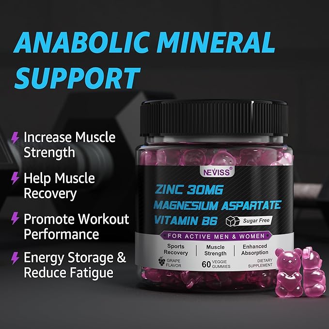 Zinc and Magnesium Supplement, Zinc Magnesium Aspartate Post Workout Gummies for Men Women, w/Vitamin B6, B12, D3, Turmeric for Nighttime Muscle Recovery, Boost Immunity & Sleep, Sugar Free, 60Cts
