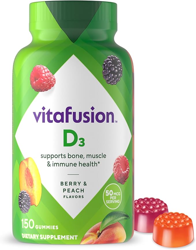 Vitafusion Vitamin D3 Gummy Vitamins for Bone and Immune System Support, Peach, Blackberry and Strawberry Flavored, 50 mcg Vitamin D, America’s Number 1 Gummy Vitamin Brand, 75 Day Supply, 150 Count