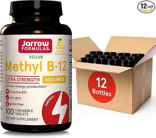 Jarrow Formulas Extra Strength Methyl B-12, Dietary Supplement for Cellular Energy Production, 100 Lemon-Flavored Chewable Tablets, Up to a 100 Day Supply