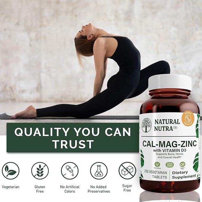 Natural Nutra Calcium Magnesium Zinc Supplement with Vitamin D3 for Bone Strength, Helps Improve Digestion, Gluten Free and Sugar-Free, Essential Mineral Complex, 1000/500/25 mg (250 Count)