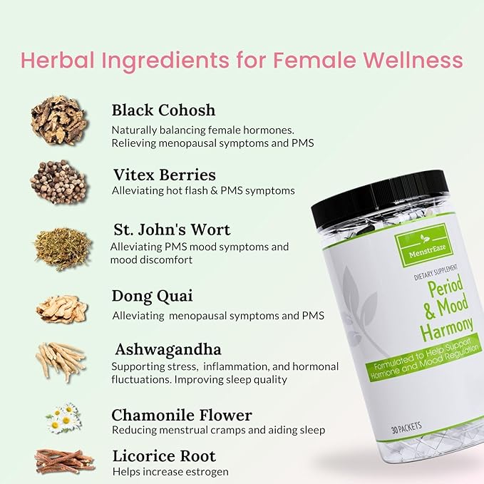 Mood Support & Hormone Balance for Women, Plant-Based Menopause Support & PMS Relief with Magnesium, Black Cohosh, St Johns Wort, Vitex, Ashwagandha &B6 Vitamins, 30 Serves