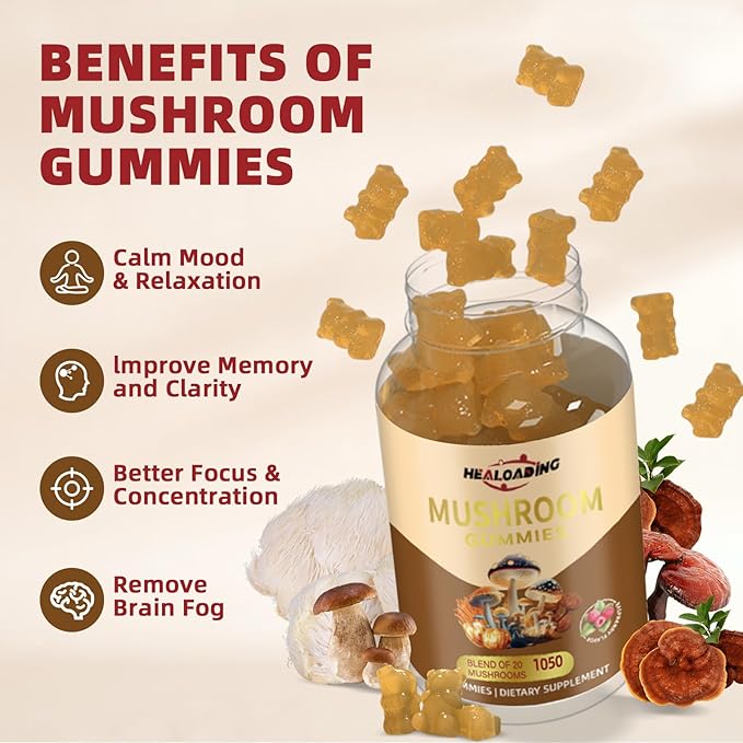 Mushroom Gummies with Lion's Mane & Cordyceps - Immune Support, Brain Health & Memory Enhancement - Vegan Mushroom Complex with Vitamin D3, B6, B9 & B12 - Focus, Energy & Cognitive Function Supplement