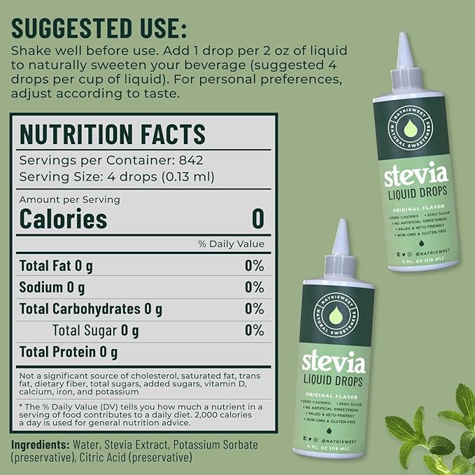 Natrisweet Liquid Stevia Drops 4oz 2pack, Pure Sweetener from Stevia Extract, Plant-Based Sugar Substitute, Zero Calorie Keto Sweetner, Mix Sugar into Drinks and Treats, Non-GMO