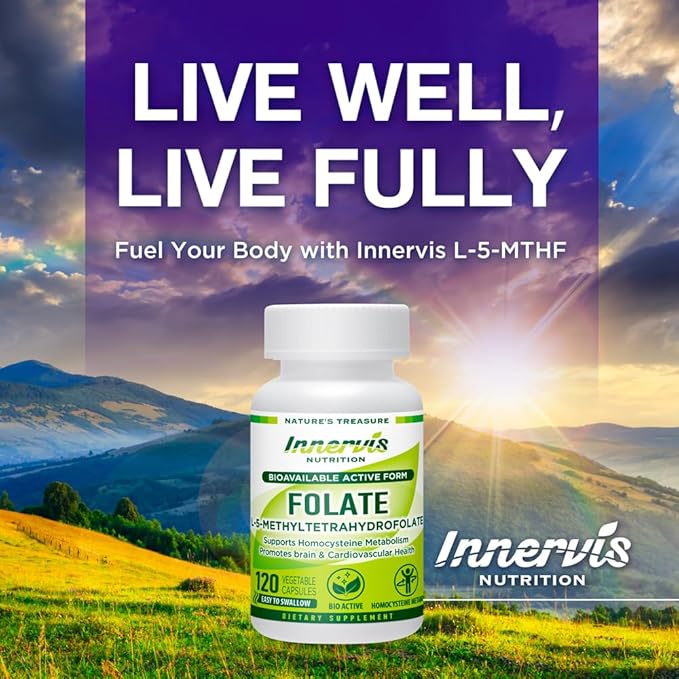 Bioavailable Active Form Folate L-5-MTHF BioActive Vitamin B9 Support Brain Health120 Vegetable Capsules Supplement