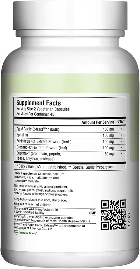 Maxi Health - Maxi Biotic Aged Garlic Extract Capsules (90 Count) | Kyolic Garlic Supplement with Spirulina, Echinacea, Oregano and Enzymax - Natural Antioxidant - Wellness Support