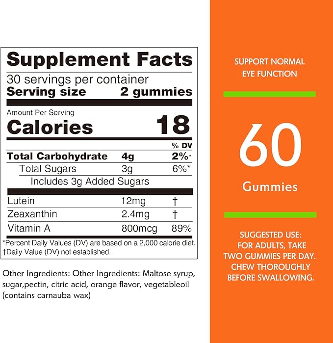 Nature's Key Lutein Gummies 12mg with Zeaxanthin & Vitamin A for Kids and Adults | Eye Health and Brain Function Supplement | Orange Flavor, 60Ct