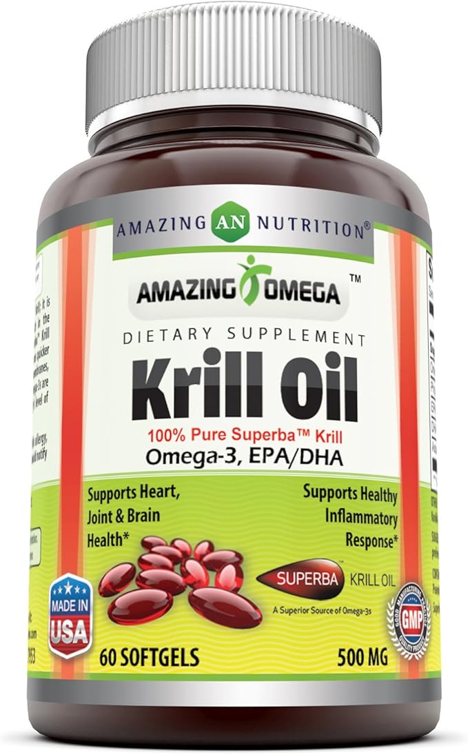 Amazing Omega Superba Krill Oil 1000 Mg Per Serving 60 Softgels (Non-GMO,Gluten Free) - Omega 3 Fatty Acids with 120 mg EPA & 56 mg DHA