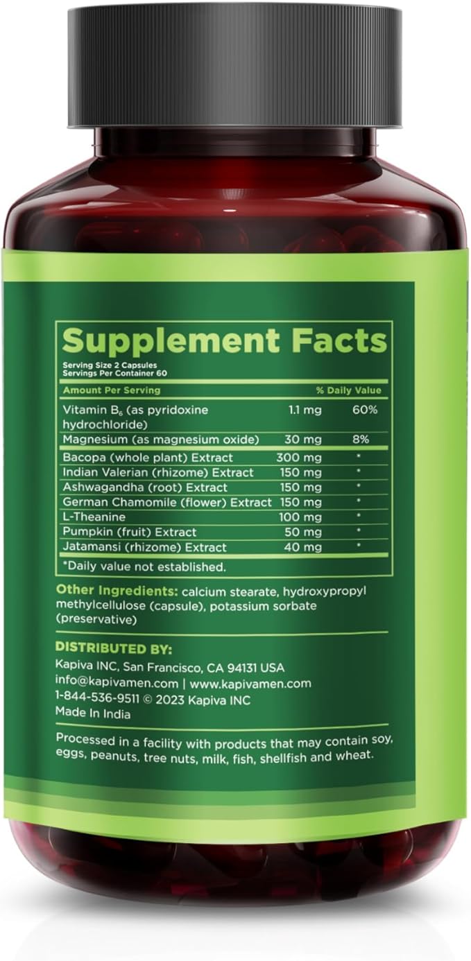 Sleep Support Supplement with Bacopa, Valerian, Ashwagandha, and Other Herbs and Vitamins, Supports Healthy Sleep Patterns, 30 Day Supply, 60 Capsules