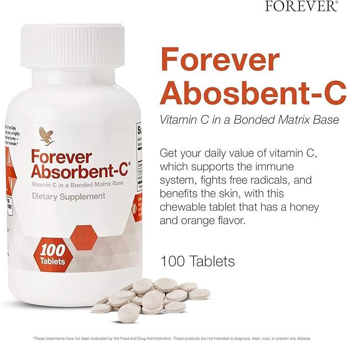 Forever Living - Absorbent-C - Orange and Honey Flavor with Oat Bran - Vitamin C Supplement for Immune Support and Skin Health - 100 Chewable Tablets