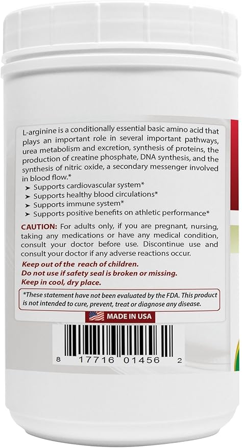 Best Naturals L-Arginine Powder 1 Pound - Pure Pharmaceutical Grade Free Form - Best Amino Acid Arginine Supplements for Women & Man - Promotes Circulation and Supports Cardiovascular Health