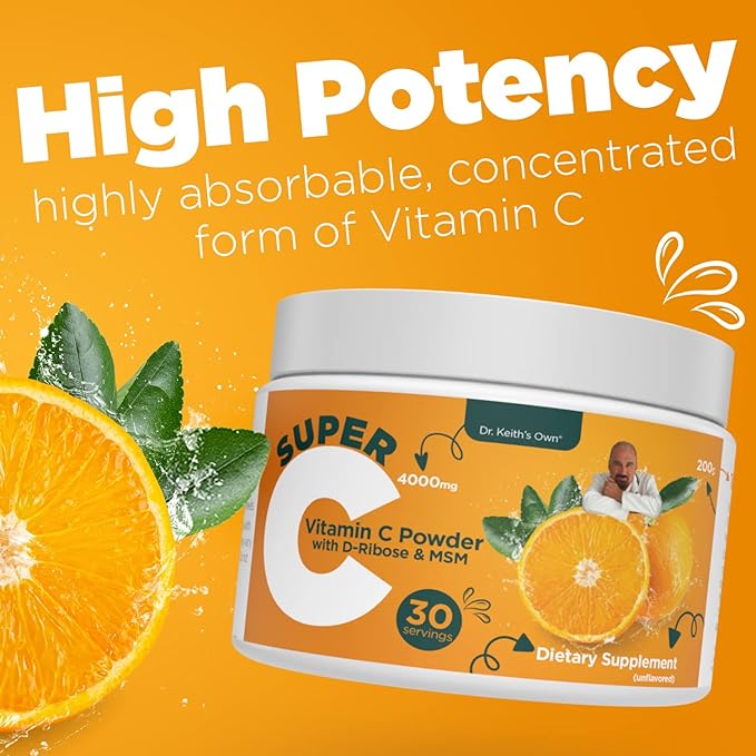 Dr. Keith's Own Super C-High Dose Powdered Vitamin C 4000mg with D-Ribose, Glycine, MSM-Highly Absorbable, Stomach-Friendly, Collagen Boost, Immune Support-Unflavored, 200 Grams (30 Servings)