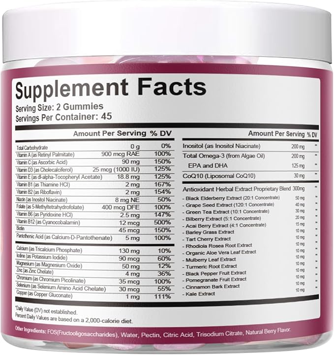 Women Multivitamins Gummy, Omega-3, Inositol, CoQ10, Vitamins A, C, D3, E, B12, Sugar Free, Adults Multivitamin for Heart, Brain Health, Berry Flavor