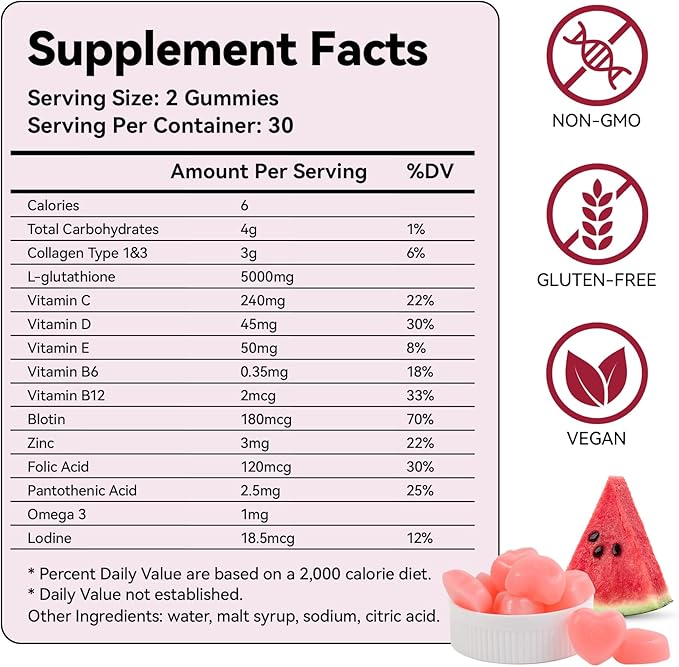 Glow Gummies for Women Skin Care and Health, 60 Count, Watermelon Flavor Collagen Glowing Skin Gummies for Skin Brightening, Organic Chewable Gummies Vitamins, Vegan, Gluten-Free