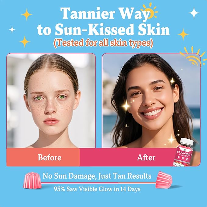 Tanning Gummies for Women and Men, Daily Tanning Gummies with L-Tyrosine, Astaxanthin That Work Fast Without Sun for Skin Health & Glow, Sugar Free, Non-GMO, Strawberry Flavor, 60 Gummies