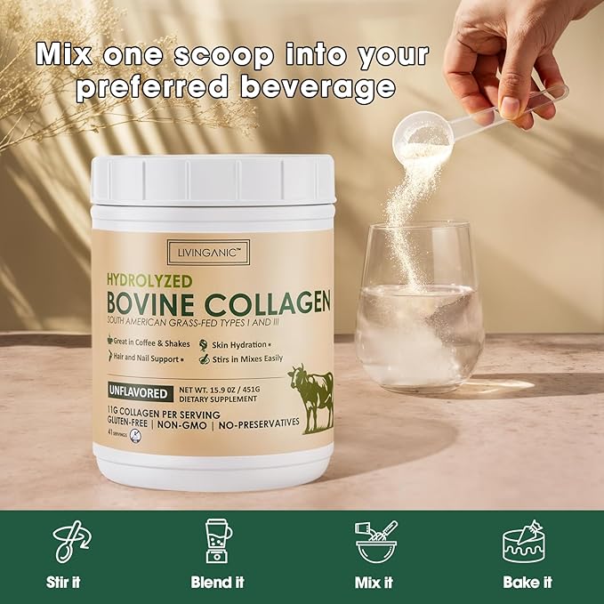 Hydrolyzed Bovine Collagen,15.9oz Types I & III, Grass-Fed, Pasture-Raised Protein, Zero Sugar Supplement for Healthy Skin, Nails, Bones & Joints Unflavored 41 Servings
