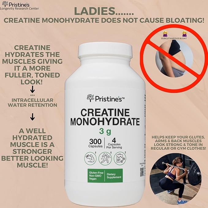 PRISTINE'S Creatine Monohydrate Capsules for Women & Men - No Bloat 75 Day Supply 3G Muscle Growth Support Supplement - Cognitive & Athletic Performance Support - Enhanced Recovery
