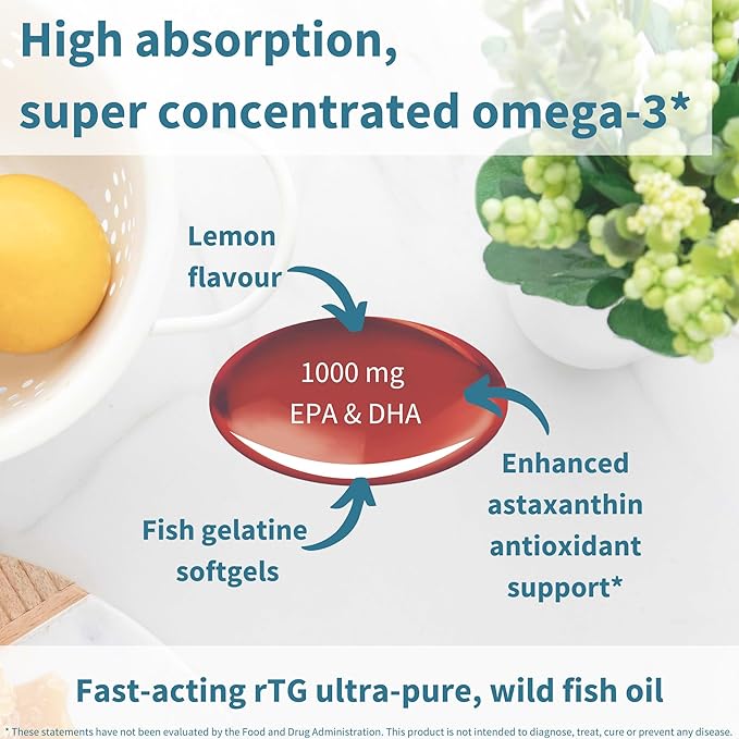 Igennus Ultra Pure Omega 3 Triglyceride rTG Wild Fish Oil 1360mg, IFOS Certified, for Women & Men, Fatty Acids EPA & DHA 1000mg & Astaxanthin, Non-GMO, 180 Softgels