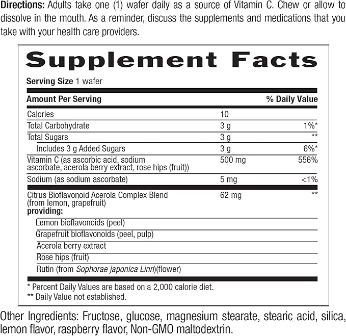 Country Life Acerola Vitamin C Complex, 500mg, Chewable Berry Flavored Wafers, Supports Immune Health, 180 Wafers, Certified Gluten Free by GFCO , Certified Vegan by AVA