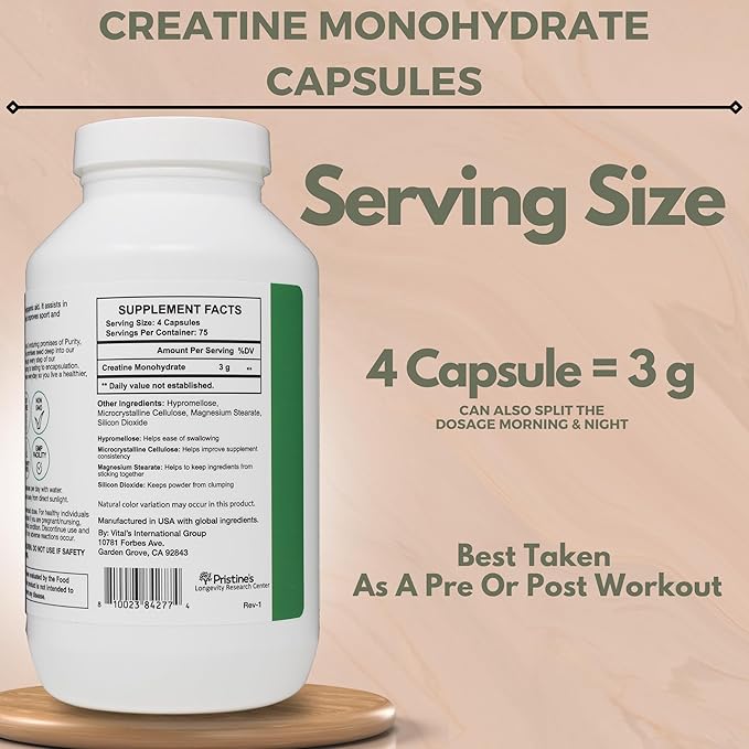 PRISTINE'S Creatine Monohydrate Capsules for Women & Men - No Bloat 75 Day Supply 3G Muscle Growth Support Supplement - Cognitive & Athletic Performance Support - Enhanced Recovery