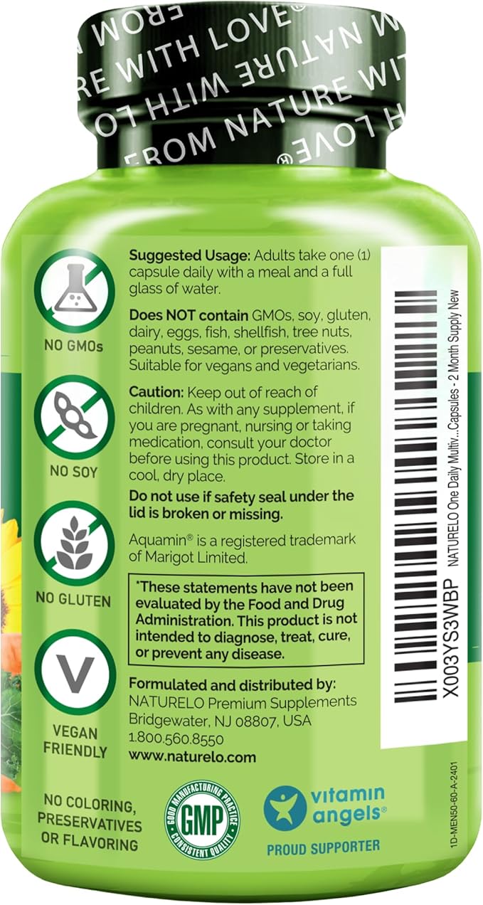 NATURELO Mens Multivitamins for Men 50+ - One Daily Multivitamin for Men with Vitamins, Minerals & Organic Whole Foods, Boost Energy & Health, Non-GMO, 60 Vegetarian Capsules
