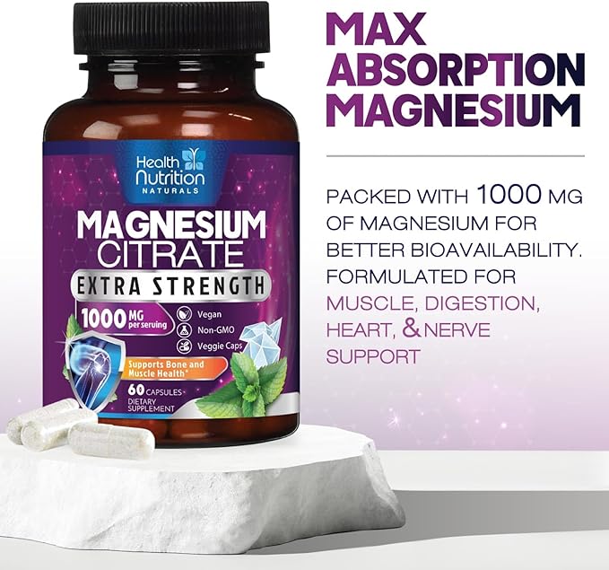 Magnesium Citrate Capsules 1000mg - Max Absorption Magnesium Powder for Muscle, Nerve, Bone and Heart Health Support, High Absorption Citrate Complex, Gluten Free, Non-GMO - 60 Capsules