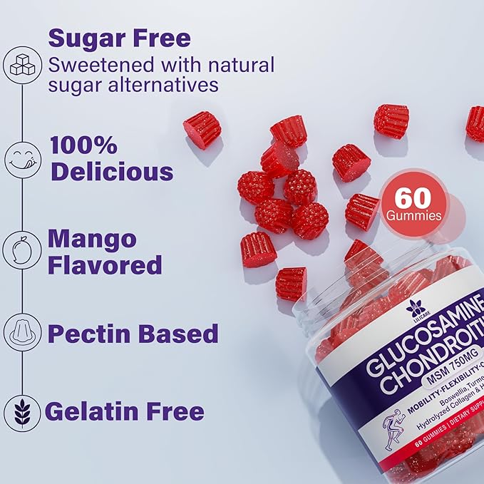 Glucosamine Chondroitin Gummies, Sugar Free Glucosamine Chondroitin MSM Supplement, Extra Strength with Boswellia Turmeric, Hydrolyzed Collagen & Hyaluronic Acid, Bone Health for Men & Women, 60 Cts