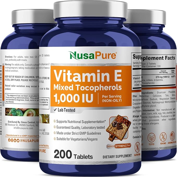 NusaPure Vitamin E 1000 IU 200 Tablets (Non-GMO, Gluten-Free) - Mixed Tocopherols