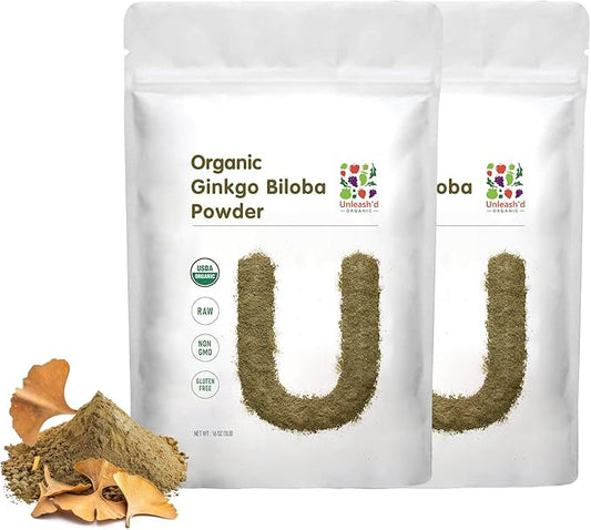 UNLEASH'D ORGANIC Organic Ginkgo Biloba Powder 2-Pack Supports Brain Function and Mental Alertness Vegan Friendly Raw and Non-GMO