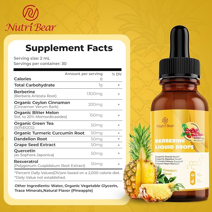Berberine Supplement Liquid Drops, AMPK Berberine with Ceylon Cinnamon, Turmeric, Bitter Melon, 12 Organic Ingredients, 10X Strength Vegan Supplement for Immune & Digestive Support, 2 fl oz