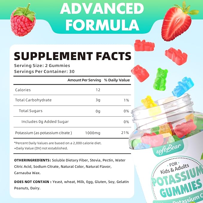softbear Potassium Citrate Gummies, High Potency Potassium Citrate 1000mg Supports Leg Cramps & Muscle Health Potassium Gummies for Adults & Kids Mixed Fruit Flavor 120 Count