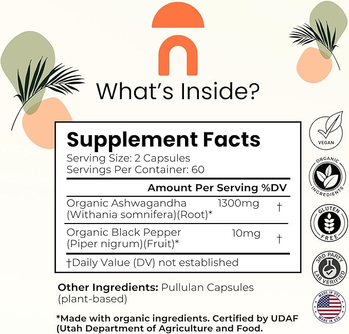 NutriRise Organic Ashwagandha Root Capsules with Black Pepper, 1300mg, Natural Stress & Mood, Thyroid, and Immune Support Supplement, Clarity, Focus & Energy, Gluten Free, 120 Count
