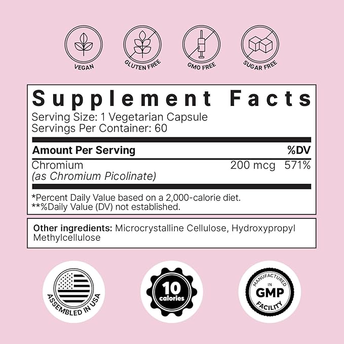ColonBroom Chromium Picolinate 200mcg - Colon Broom Anti Sugar Craving Suppressant - 60 Capsules, Vegan, Gluten Free, Non-GMO