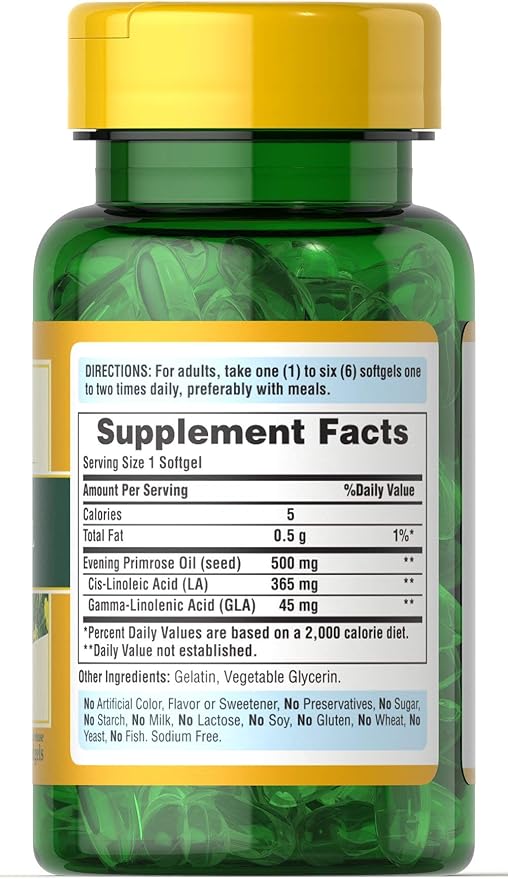 Puritan's Pride Cold Pressed Evening Primrose Oil 500 mg with GLA, Dietary Support Supplement for Womens Skin Health, 100 Rapid Release Soft Gels