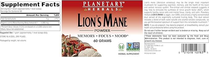 Planetary Herbals Lion Mane, Vegan Herbal Supplement, Memory, Focus and Mood* Vegan Powder - 60 Grams