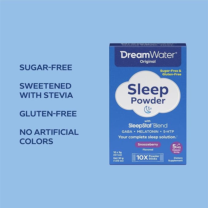 Dream Water Sleep Aid Powder; Melatonin 5mg, GABA, 5-HTP; Natural Flavors; Helps You to Fall Asleep, Fast, and Wake Refreshed; Snoozeberry, 10-Count