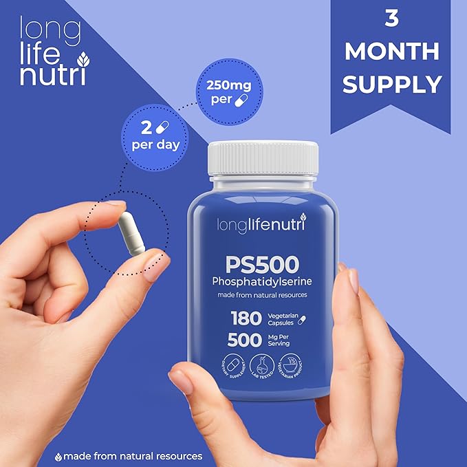 Phosphatidylserine Pure 500mg – 180 Vegetarian Pills, 3-Month Supply, Supplement for Strengthening Memory, Focus & Cognitive Function, Made in USA, Lab Tested, Soy Free, Non GMO