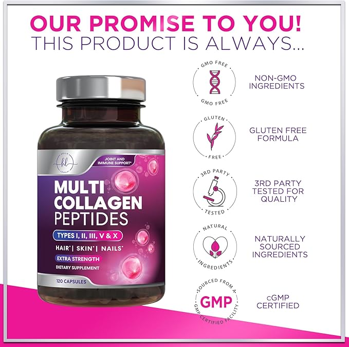 Best Collagen Peptides for Women - Multi-Collagen Hydrolyzed Complex 5 Types, Grass Fed Peptides for Hair, Skin, Nail, Bone & Joint Health Support, Collagen Powder Caps for Women & Men - 120 Capsules
