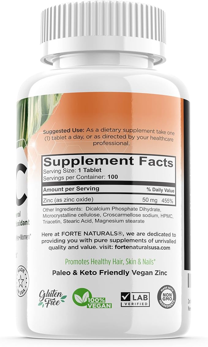 Zinc 50mg, (100 Tablets), Specially Formulated for Sensitive Stomach, Immune Support, Skin & Hair, Vegan Zinc Supplement, Non-GMO Made in USA