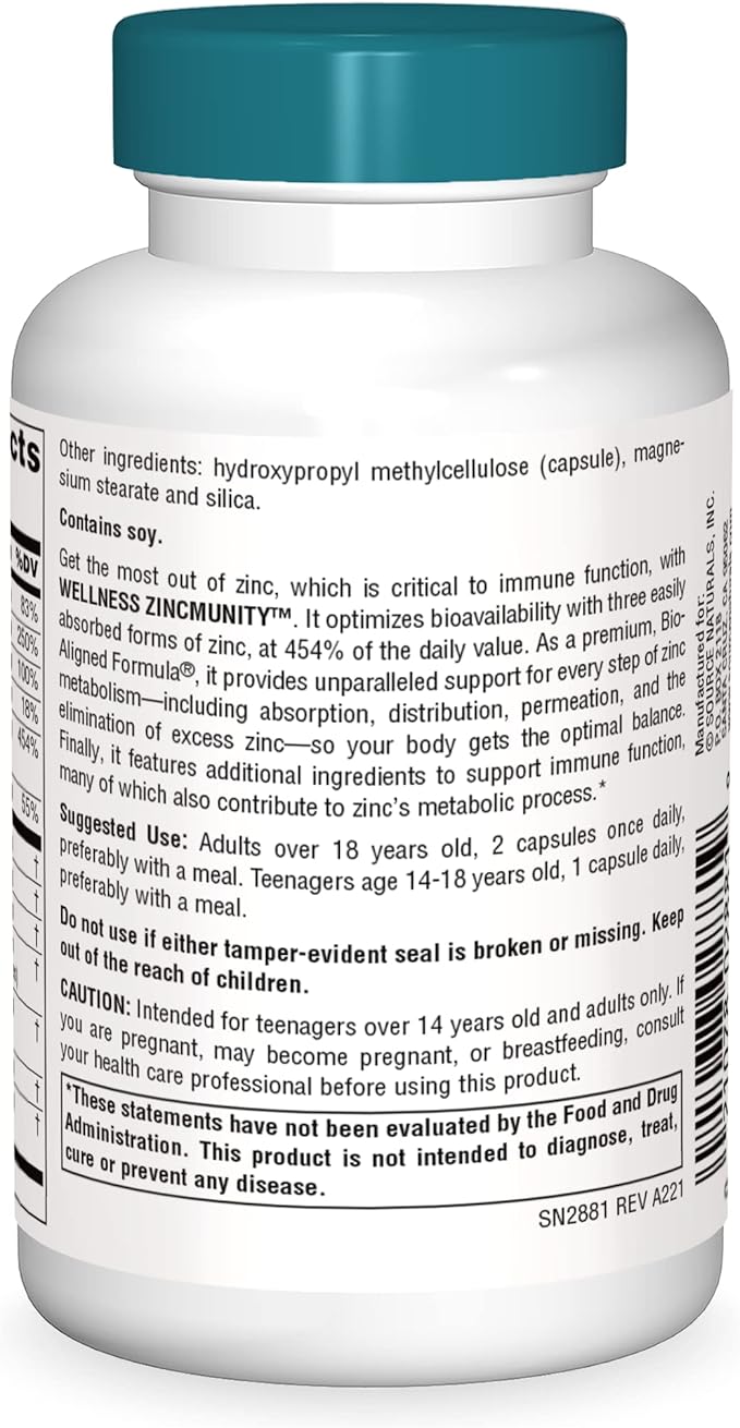 Source Naturals Wellness ZincMunity, Supports Zinc Absorption, Metabolism and Utilization for Immune Heath*, 50 mg Zinc - 60 Vegetarian Capsules