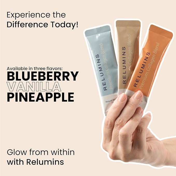 Relumins Marine Collagen Powder Drink Mix - Collagen Peptide with Glutathione, Green Tea, CoQ10, & Hyaluronic Acid Boosts Smooth Glowing Skin - 10 Powder Sachets x Blueberry Flavored