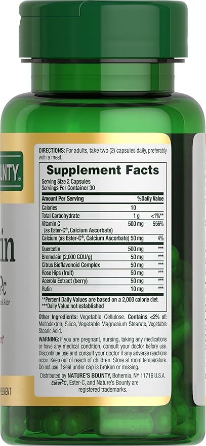 Nature's Bounty Quercetin, Immune Support, 500mg, with Vitamin C, Rose HIPS, & Rutin, 60 Count