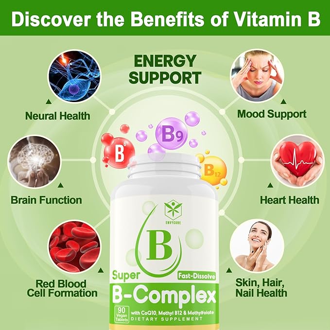 Sugar Free Vitamin B Complex with Methyl B12, MethylFolate, B6, B1, B2, B3, Fast Dissolve Highly Bioavailable Methylated B Complex Supplement for Energy Levels, Neural System, Vegan,180 Tablets