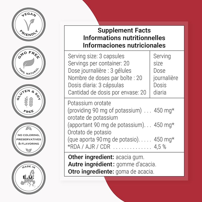 Supersmart - Potassium Orotate 450 mg Per Day - Helps Maintain Body Acid-Base Balance - May Support Nerve Transmission & Heart Health | Non-GMO & Gluten Free - 60 Vegetarian Capsules