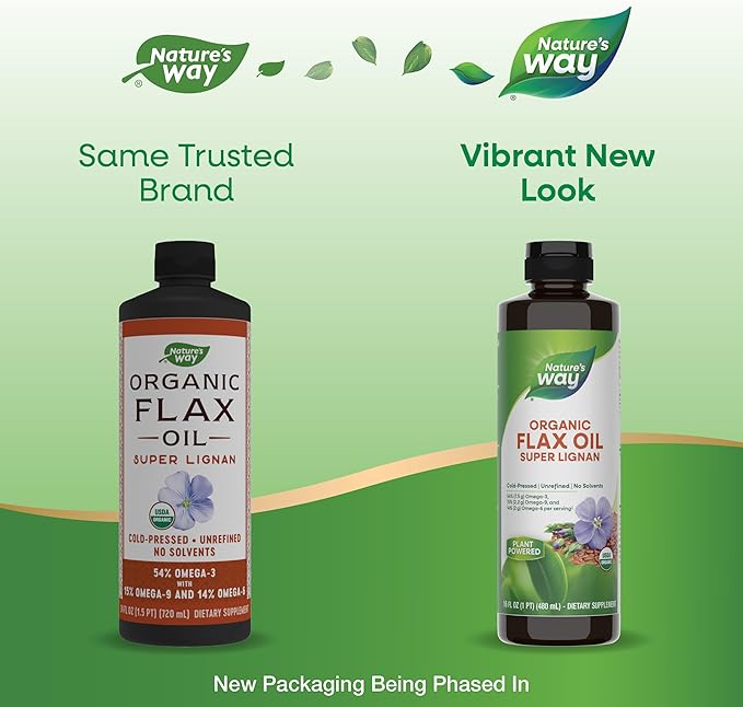 Nature's Way Organic Flax Oil Super Lignan, Omega-3, 6, 9 Fatty Acids(1), Cold-Pressed, Unrefined, Hexane Free, 16 Fl Oz (Packaging May Vary)