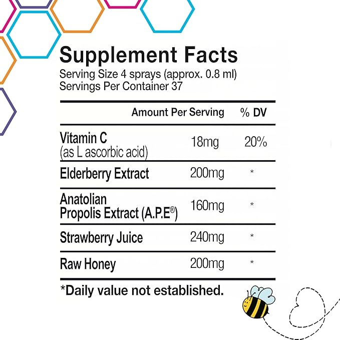 Bee and You, Kids Immune Support Supplement Throat Spray, Elderberry, Raw Honey, Propolis Extract, Vitamin C, Strawberry Juice, Antioxidants, Sore Throat Relief, 1 fl. Oz