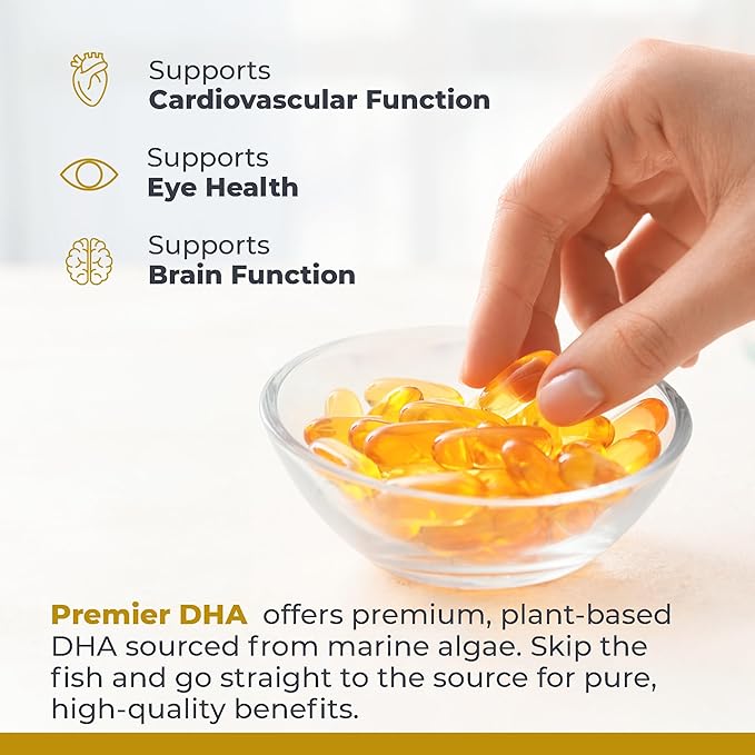 Premier DHA, 60 Softgels, Vegan Product - Plant-Source DHA for Premier Support for The Brain, Nerves, Eyes and Heart