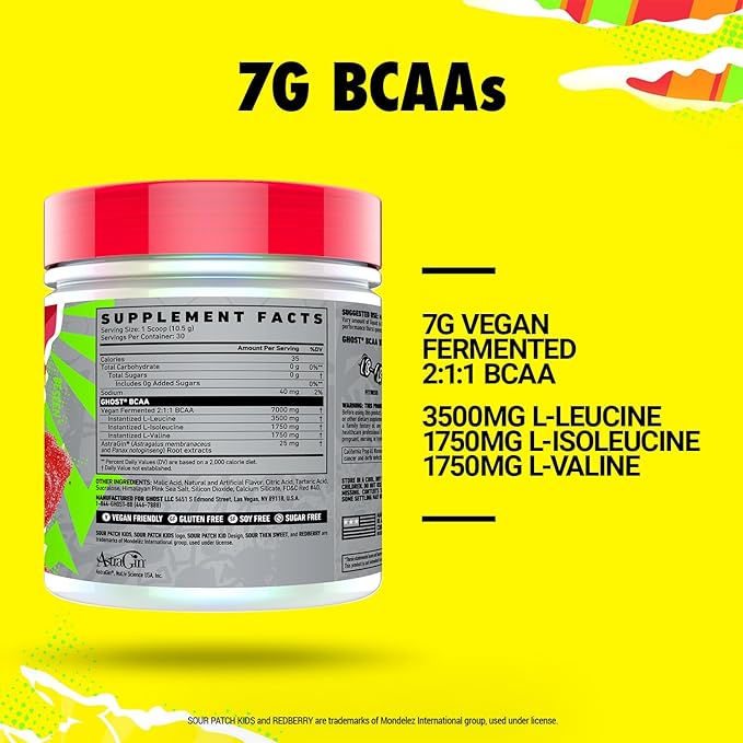 GHOST BCAA Powder Amino Acids Supplement, Sour Patch Kids Redberry - 30 Servings - Sugar-Free Intra, Post & Pre Workout Amino Powder & Recovery Drink, 7G BCAA