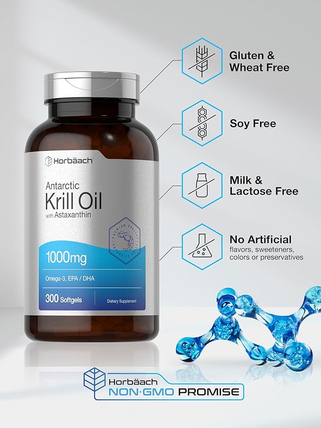 Horbäach Antarctic Krill Oil 1000mg Softgels | 300 Count | Omega 3 Supplements with Astaxanthin, EPA, DHA | Non-GMO, Gluten Free